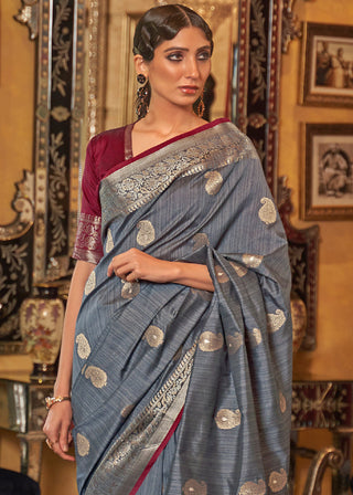 Pewter Grey Zari Woven Tussar Silk Saree Clothsvilla