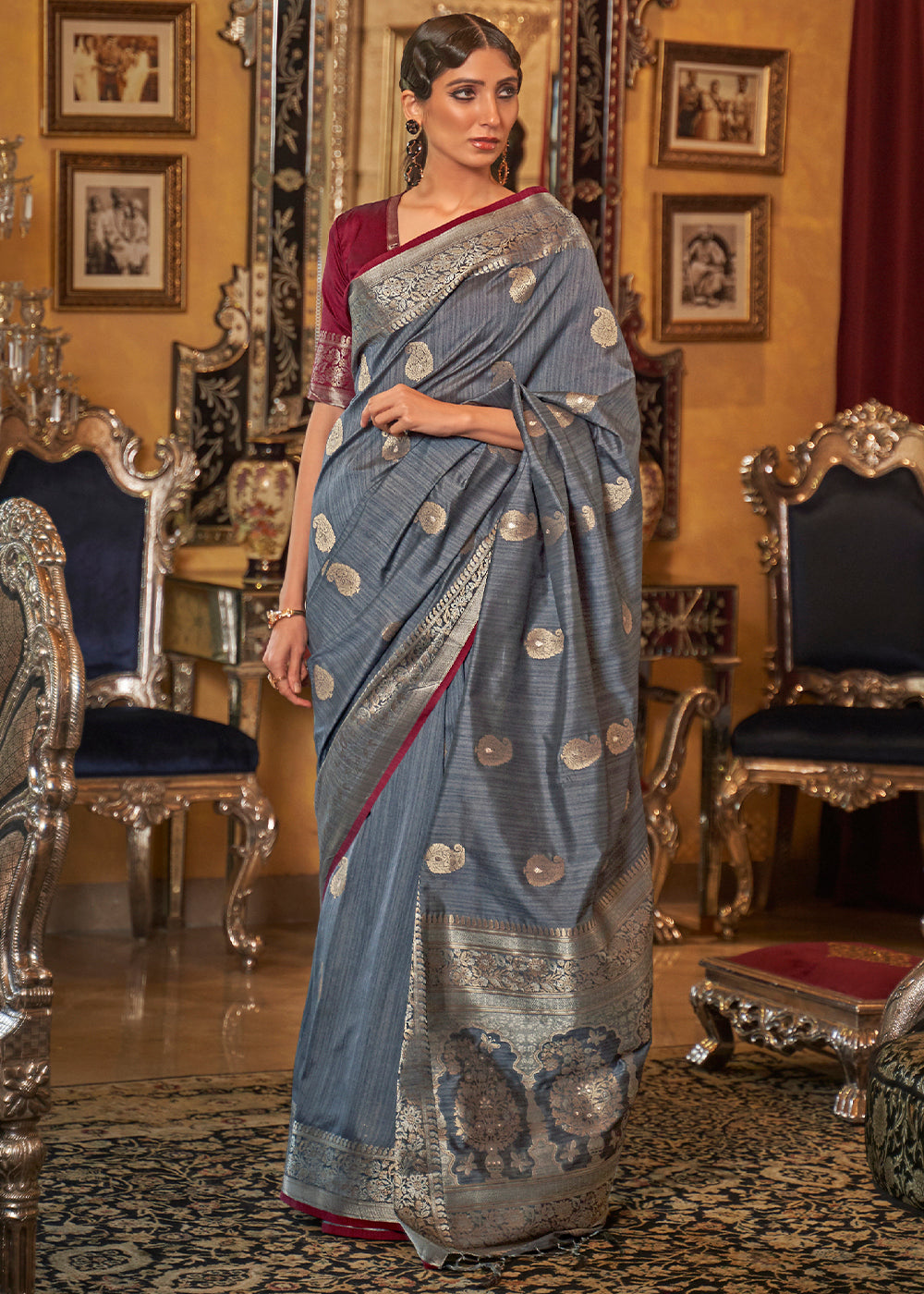 Pewter Grey Zari Woven Tussar Silk Saree Clothsvilla Main image