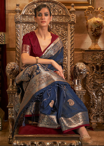 Midnight Blue Zari Woven Tussar Silk Saree Clothsvilla