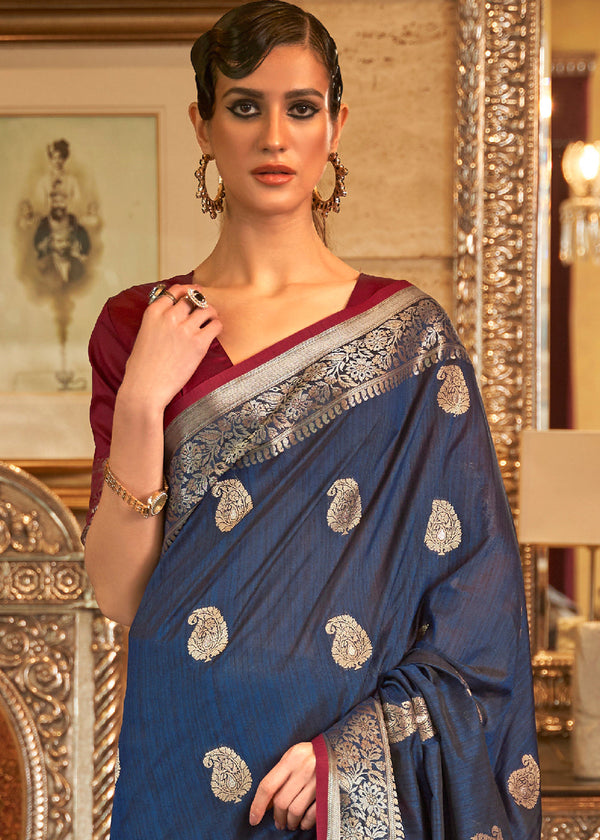 Midnight Blue Zari Woven Tussar Silk Saree Clothsvilla