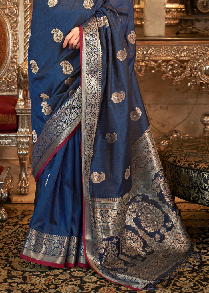 Midnight Blue Zari Woven Tussar Silk Saree Clothsvilla