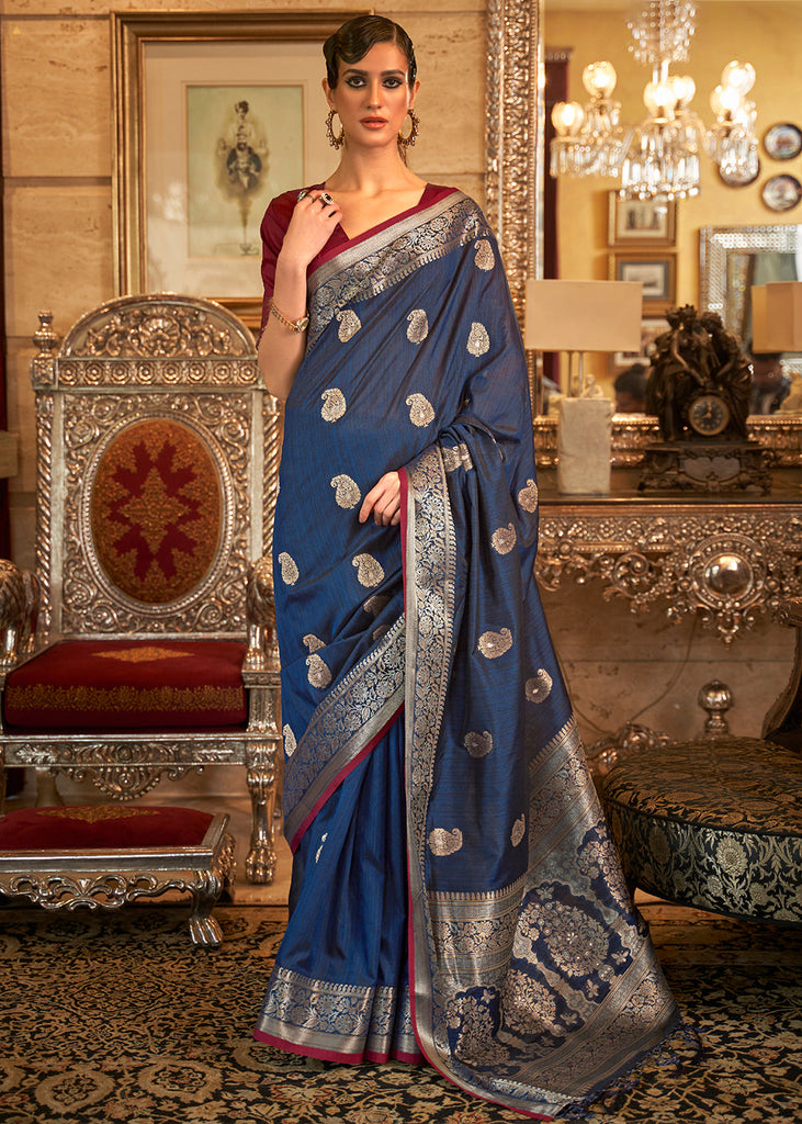 Midnight Blue Zari Woven Tussar Silk Saree Clothsvilla