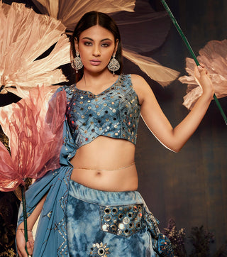 Ravishing Sky Color Shibori Print Dusty  Mirror Work Lehenga Choli Clothsvilla