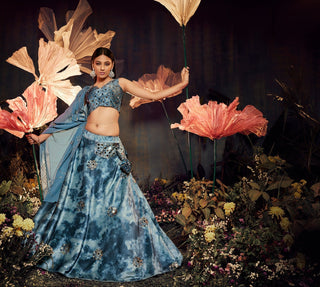 Ravishing Sky Color Shibori Print Dusty  Mirror Work Lehenga Choli Clothsvilla