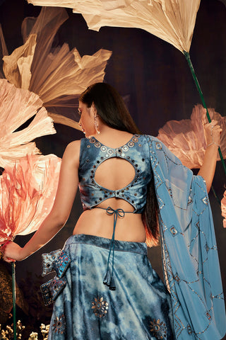 Ravishing Sky Color Shibori Print Dusty  Mirror Work Lehenga Choli Clothsvilla