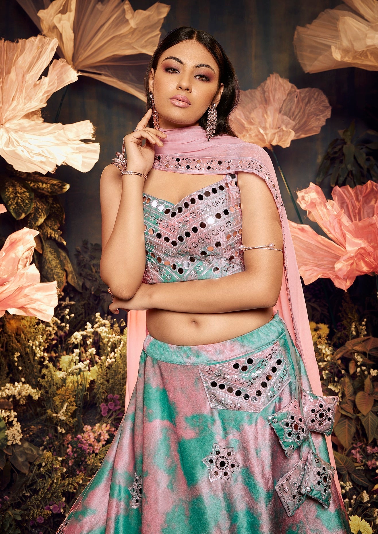 Glimmering Sky Pink Color Shibori Print  Mirror Work Lehenga Choli Clothsvilla