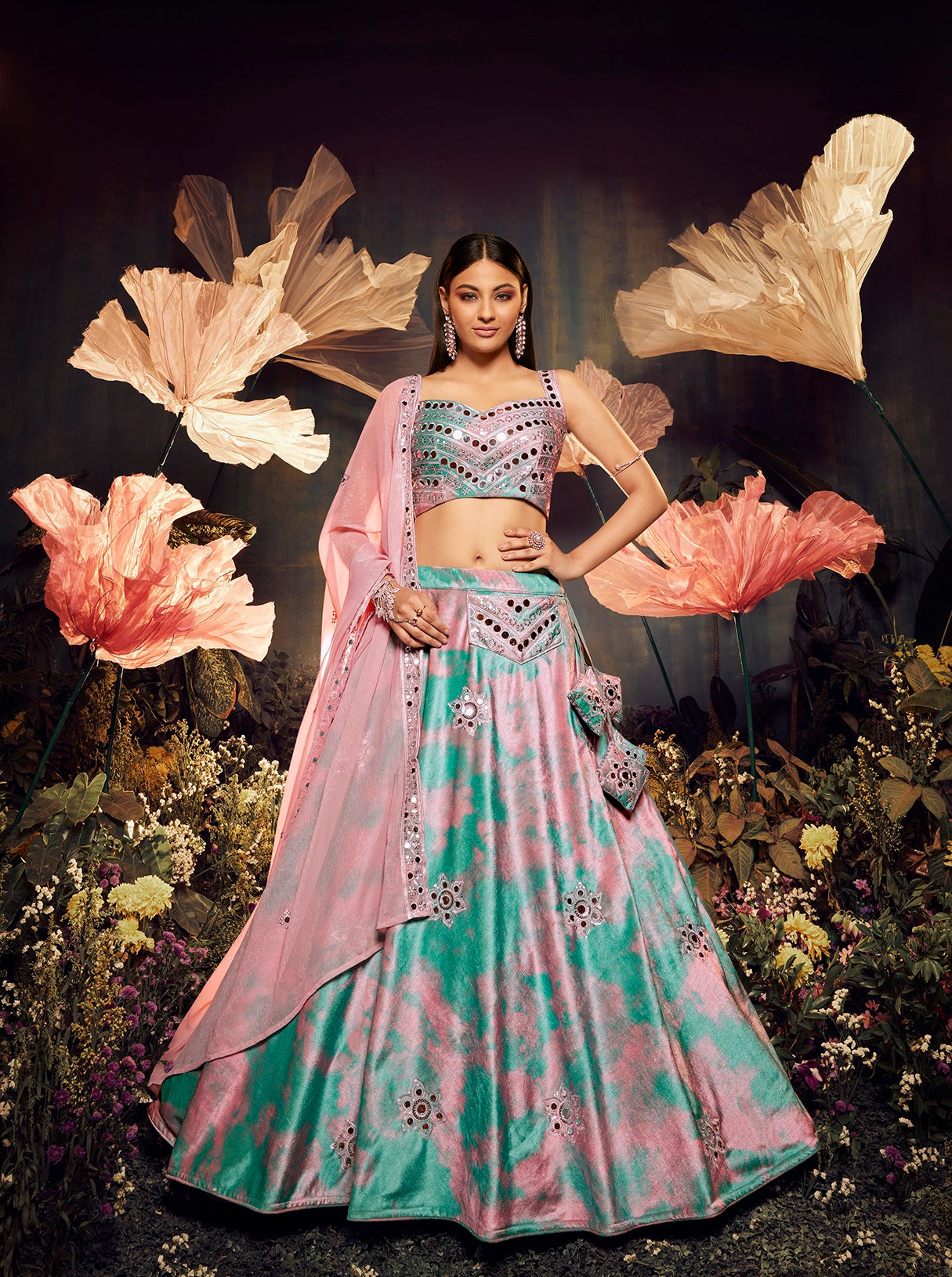 Glimmering Sky Pink Color Shibori Print  Mirror Work Lehenga Choli Clothsvilla