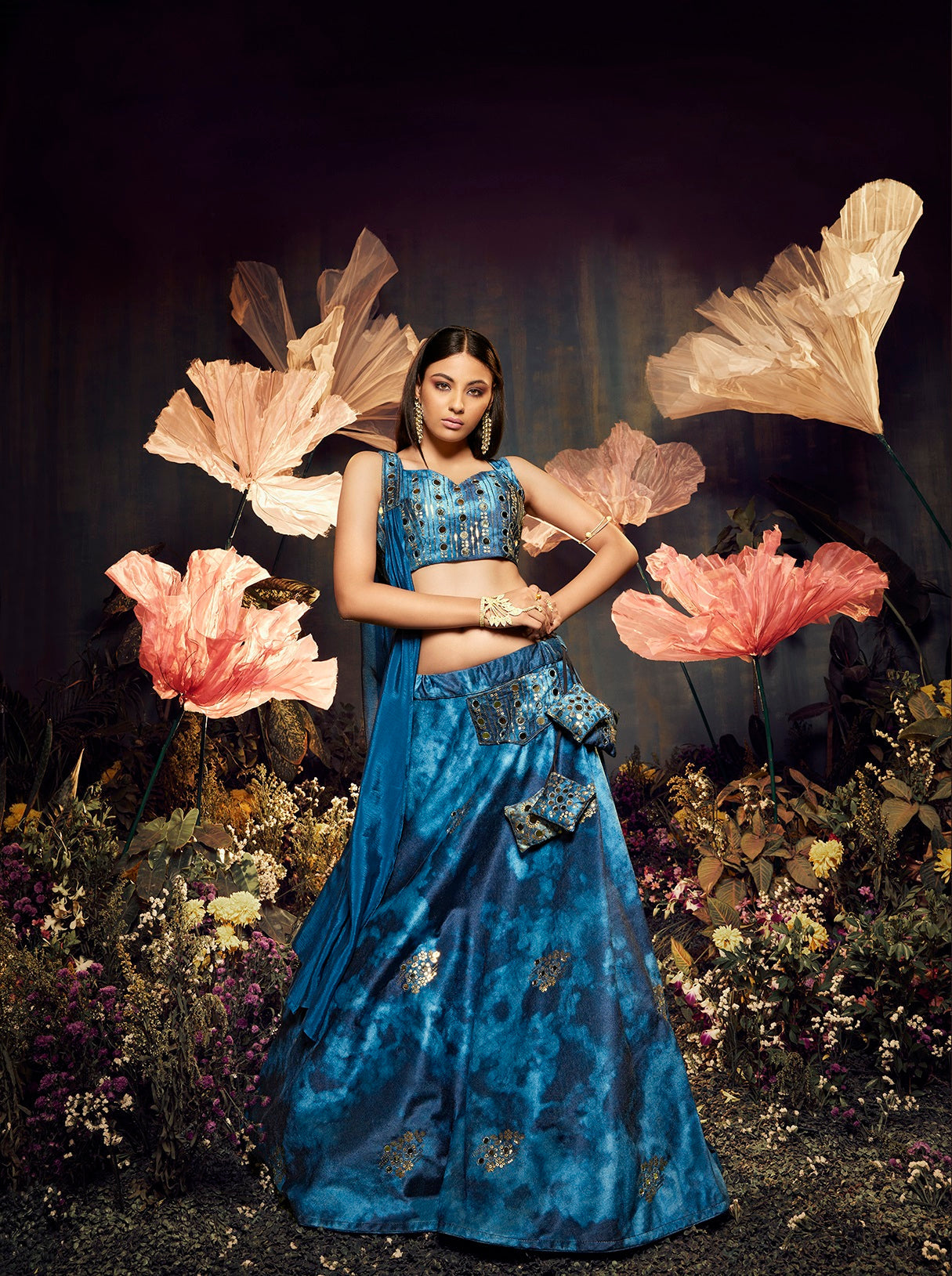 Opulent Blue Color Shibori Print  Mirror Work Lehenga Choli Clothsvilla