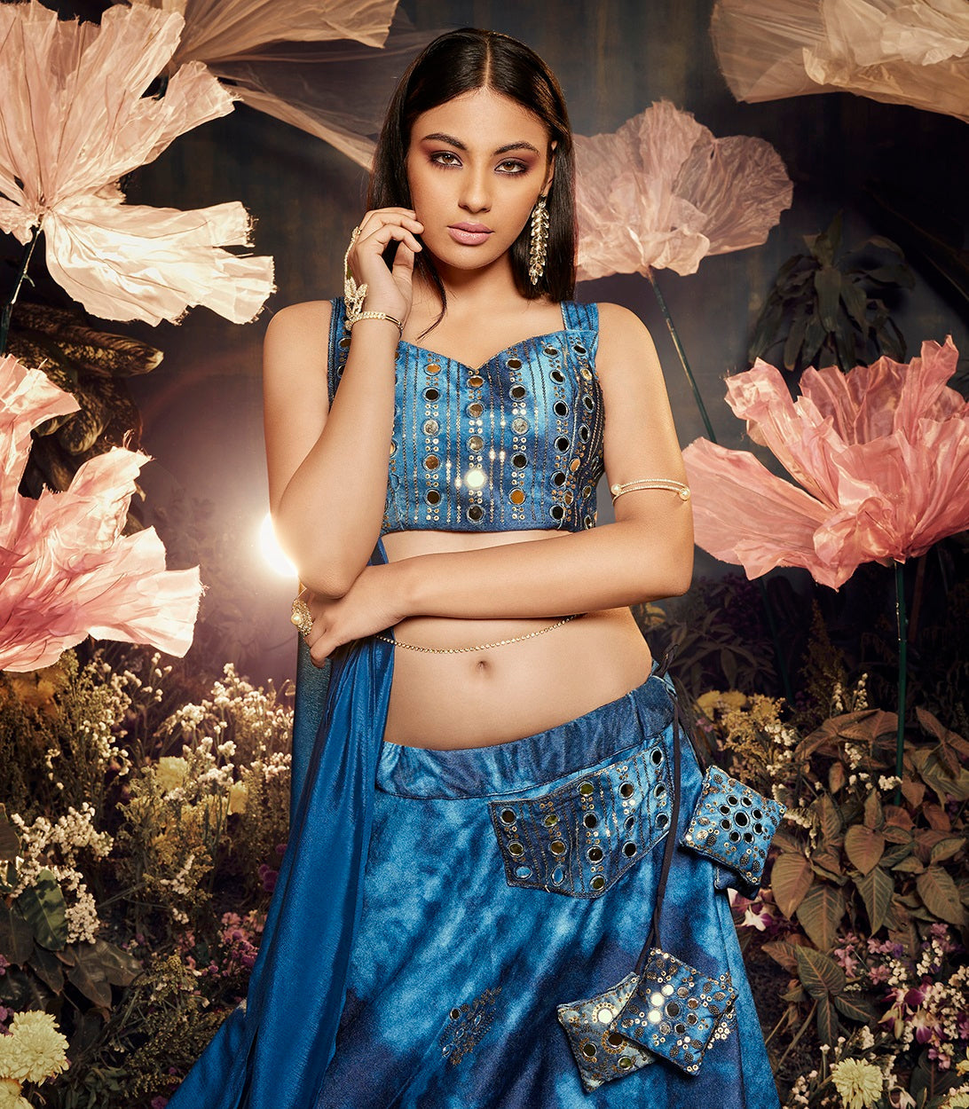 Opulent Blue Color Shibori Print  Mirror Work Lehenga Choli Clothsvilla