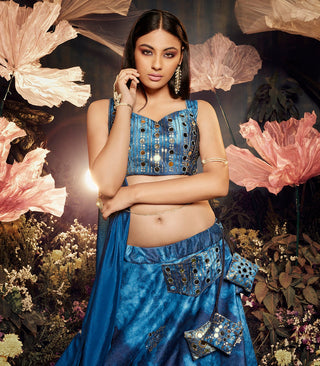 Opulent Blue Color Shibori Print  Mirror Work Lehenga Choli Clothsvilla