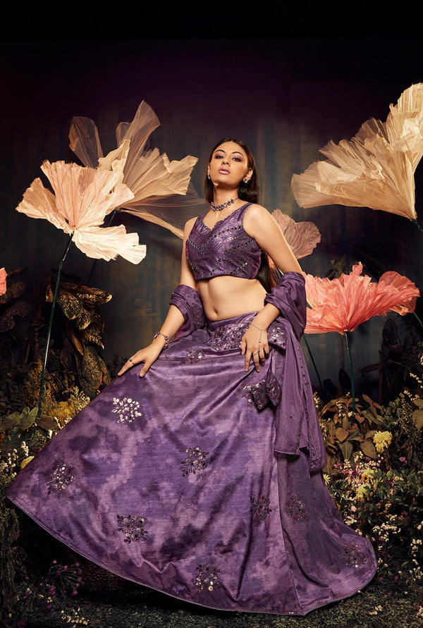 Glossy Purple Color Shibori Print  Mirror Work Lehenga Choli Clothsvilla