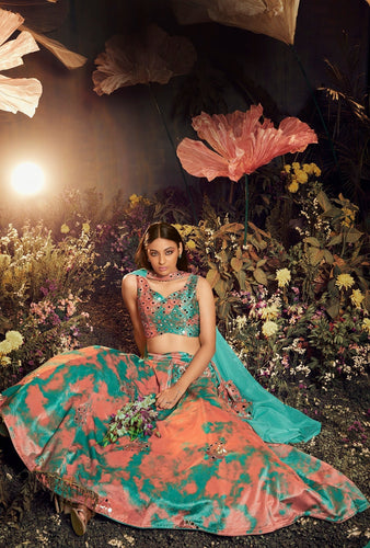 Blissful Orange Color Shibori Print Turquoise  Mirror Work Lehenga Choli Clothsvilla