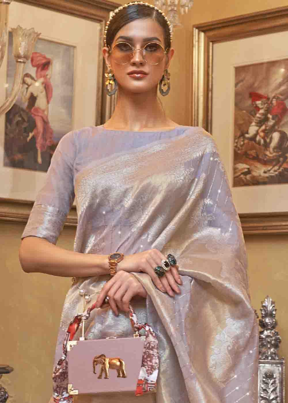 Blueish Grey Woven Banarasi Silk Saree with Sequins work Clothsvilla