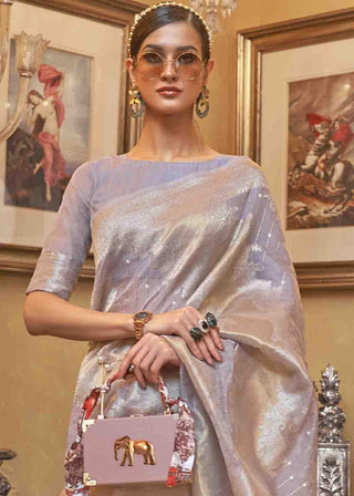 Blueish Grey Woven Banarasi Silk Saree with Sequins work Clothsvilla