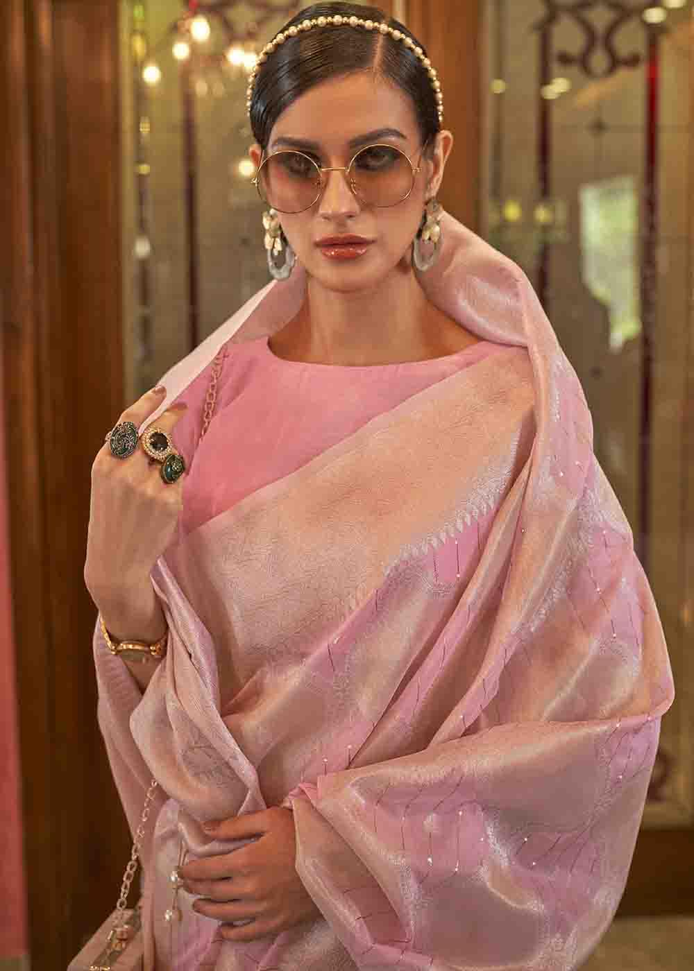 Vivid Pink Woven Banarasi Silk Saree with Sequins work Secondary image