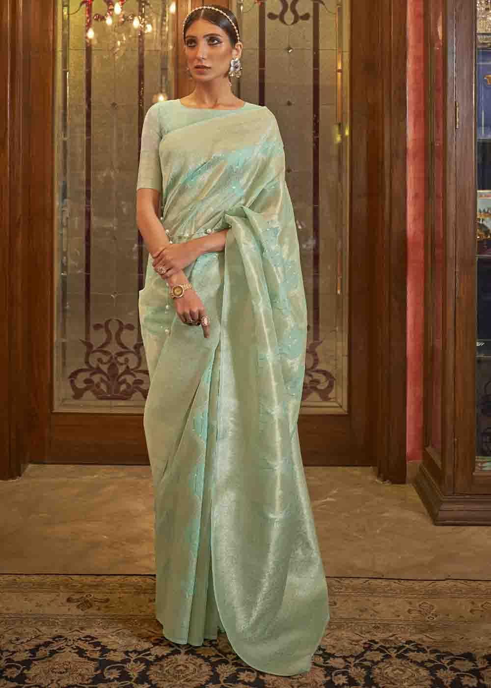 Mint Green Woven Banarasi Silk Saree with Sequins work Clothsvilla Main image