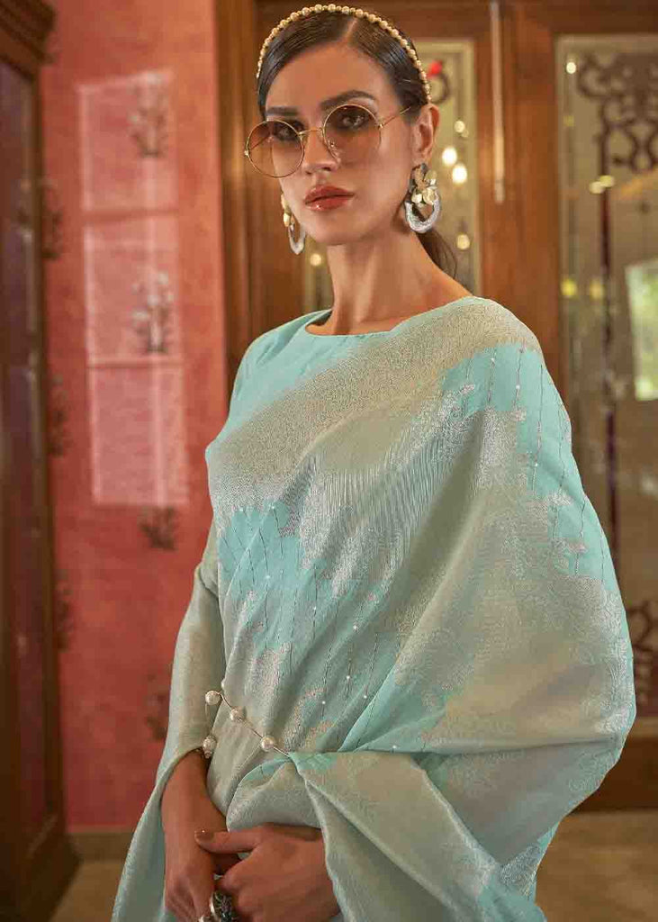 Arctic Blue Woven Banarasi Silk Saree with Sequins work Clothsvilla