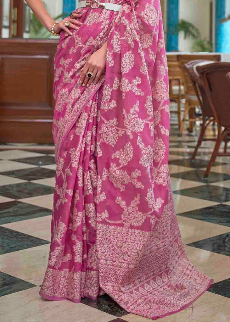 Magenta Pink Chikankari Weaving Silk Saree Clothsvilla