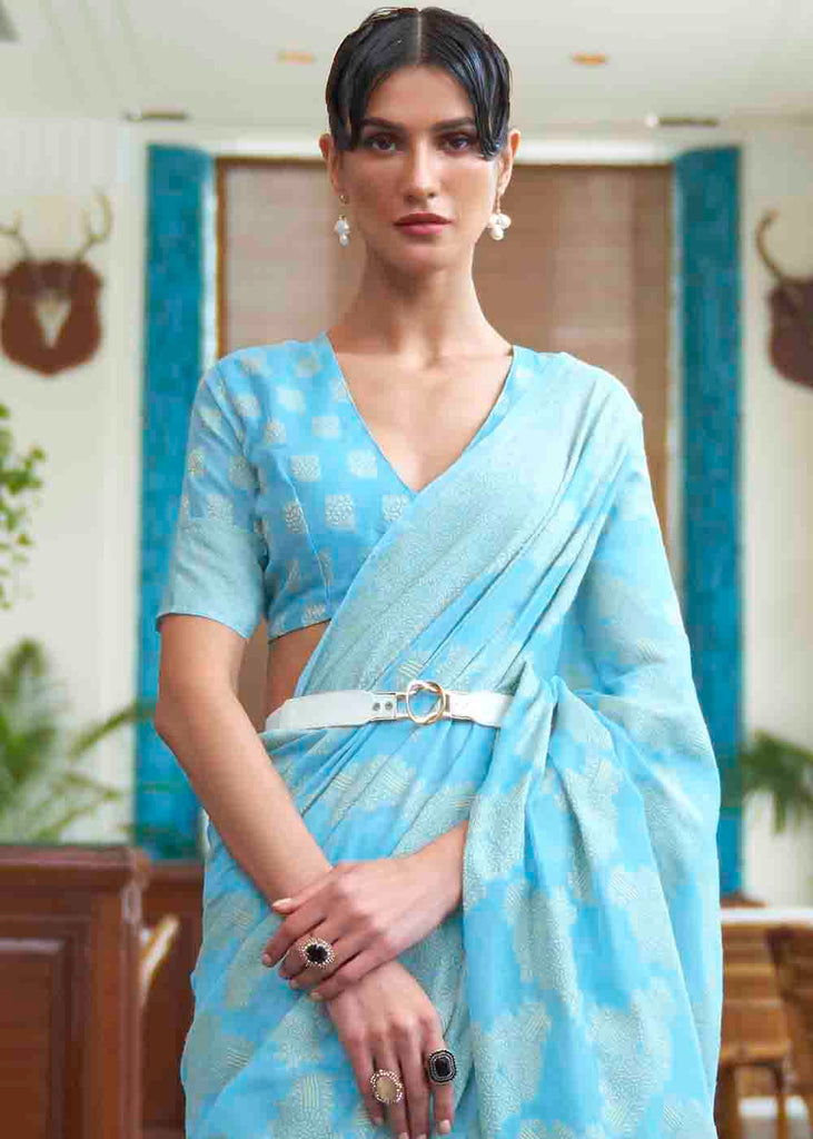 Olympic Blue Chikankari Weaving Silk Saree Clothsvilla