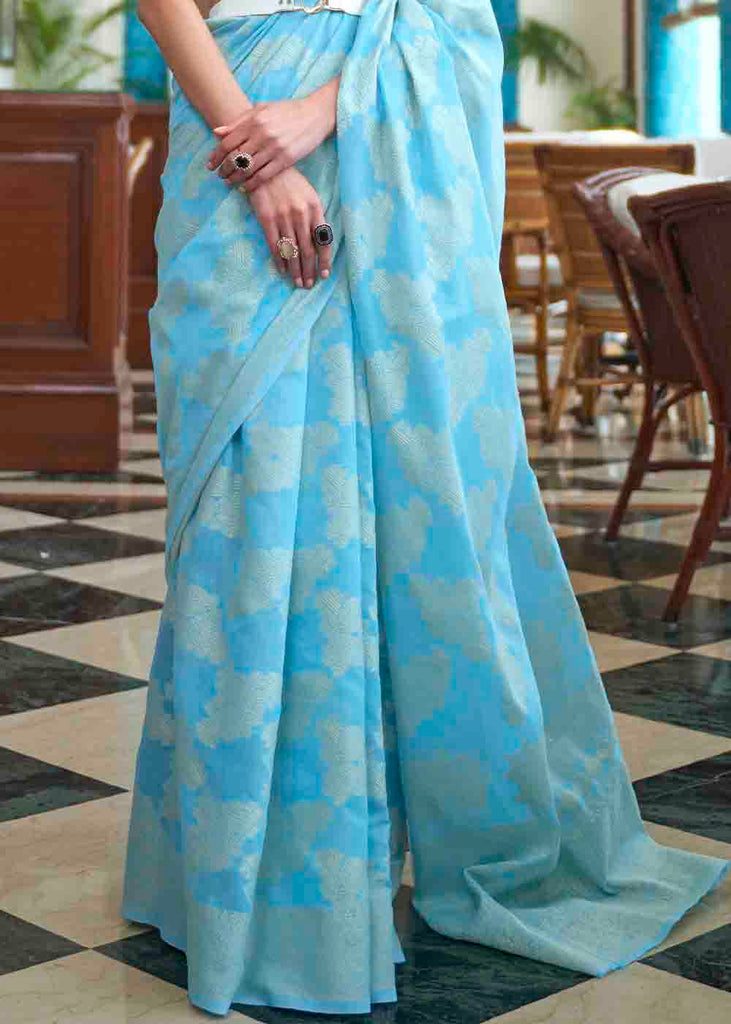 Olympic Blue Chikankari Weaving Silk Saree Clothsvilla