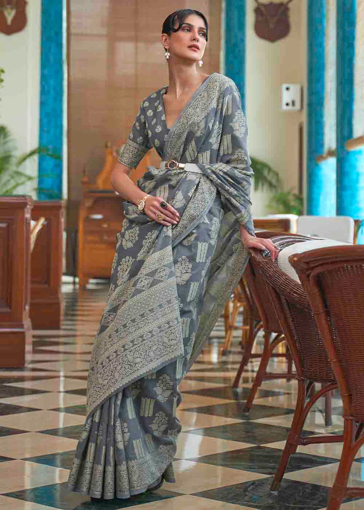 Anchor Grey Chikankari Weaving Silk Saree Clothsvilla