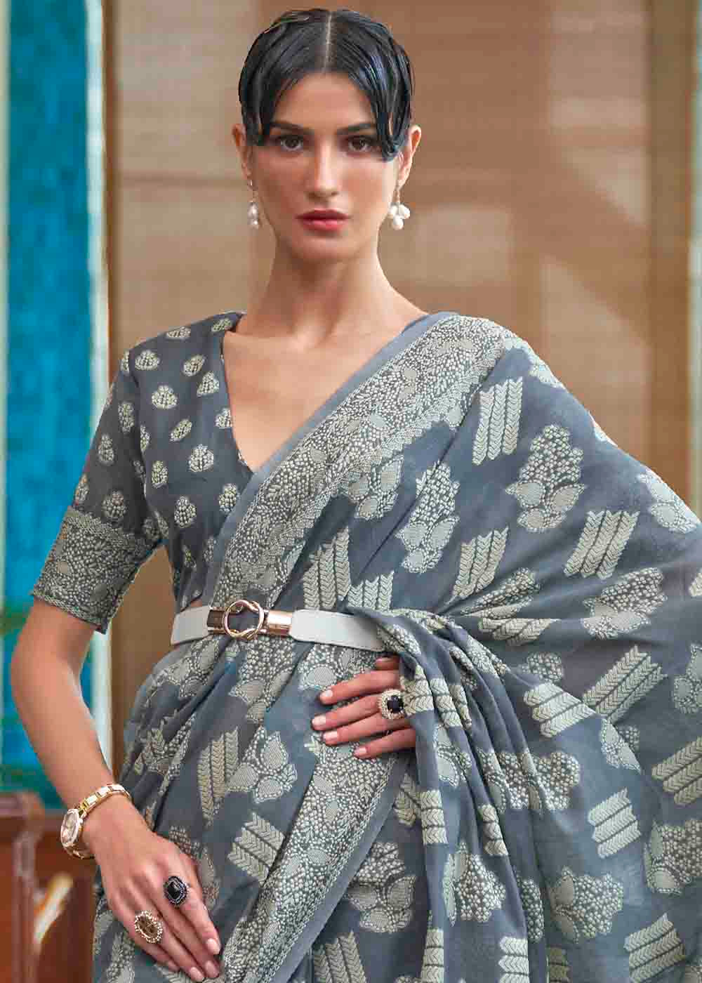 Anchor Grey Chikankari Weaving Silk Saree Clothsvilla