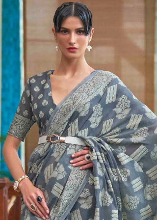 Anchor Grey Chikankari Weaving Silk Saree Clothsvilla