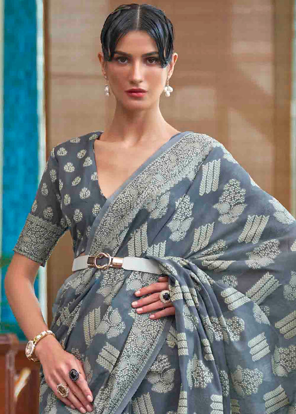 Anchor Grey Chikankari Weaving Silk Saree Clothsvilla