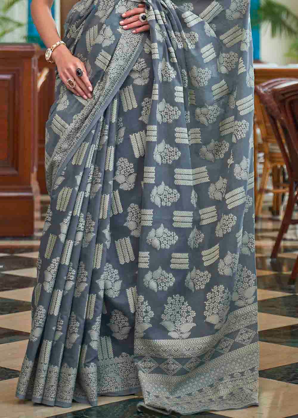 Anchor Grey Chikankari Weaving Silk Saree Clothsvilla