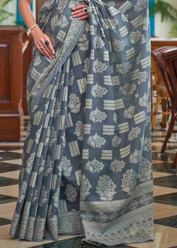 Anchor Grey Chikankari Weaving Silk Saree Clothsvilla