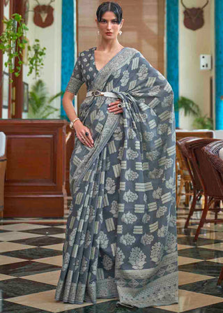 Anchor Grey Chikankari Weaving Silk Saree Clothsvilla