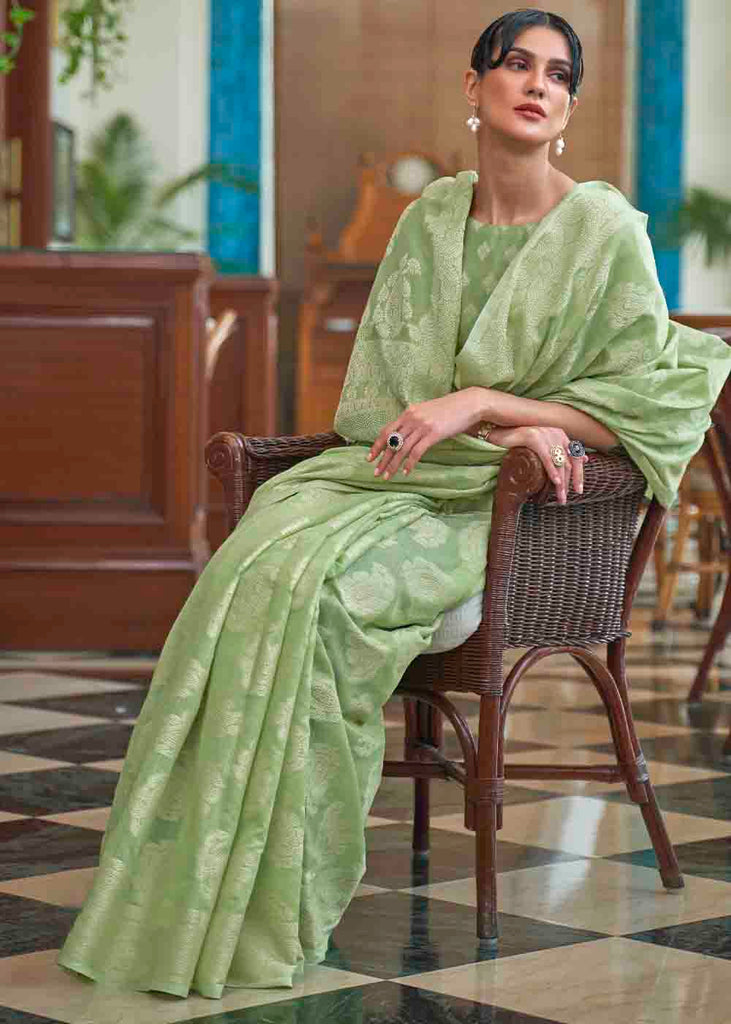 Pastel Green Chikankari Weaving Silk Saree Clothsvilla