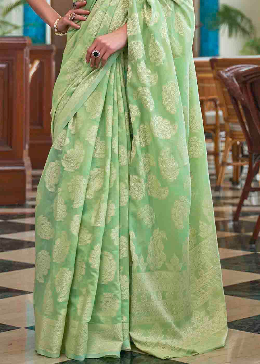 Pastel Green Chikankari Weaving Silk Saree Clothsvilla