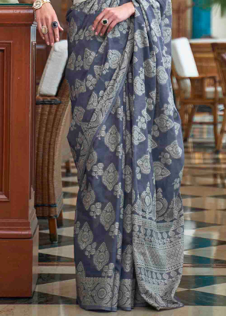 Wedgewood Blue Chikankari Weaving Silk Saree Clothsvilla