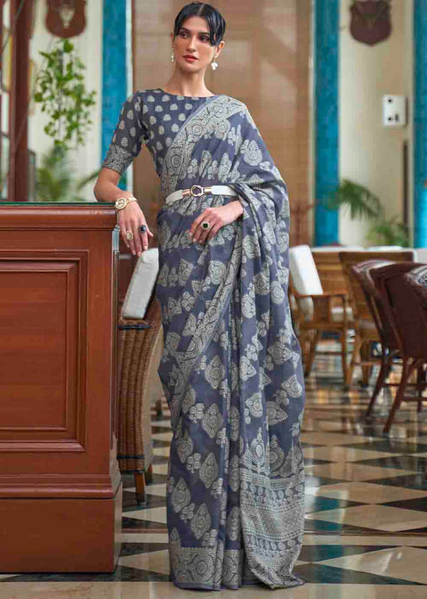 Wedgewood Blue Chikankari Weaving Silk Saree Clothsvilla Main image