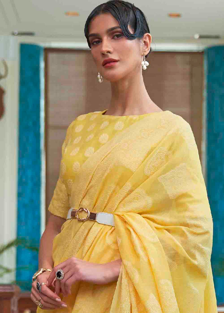 Butter Yellow Chikankari Weaving Silk Saree Clothsvilla