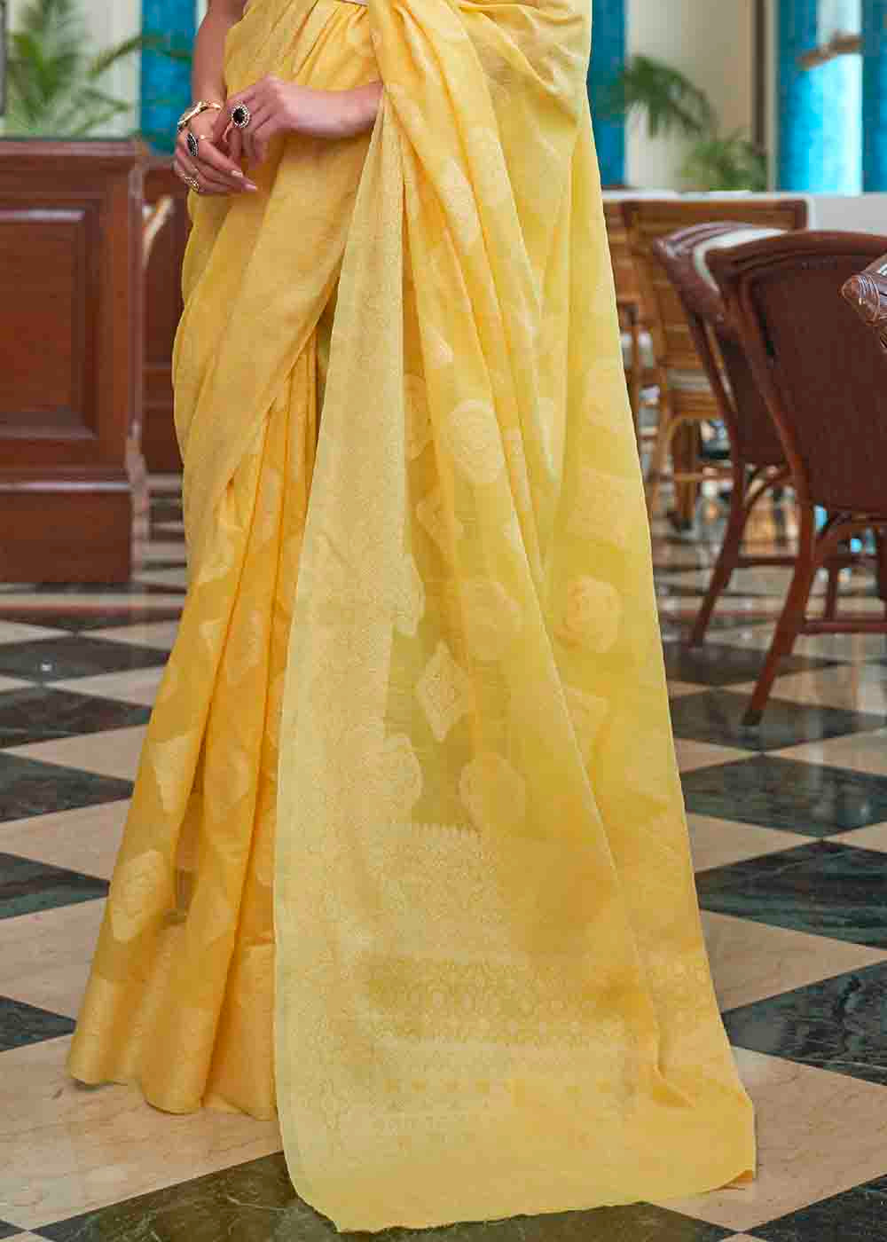 Butter Yellow Chikankari Weaving Silk Saree Clothsvilla