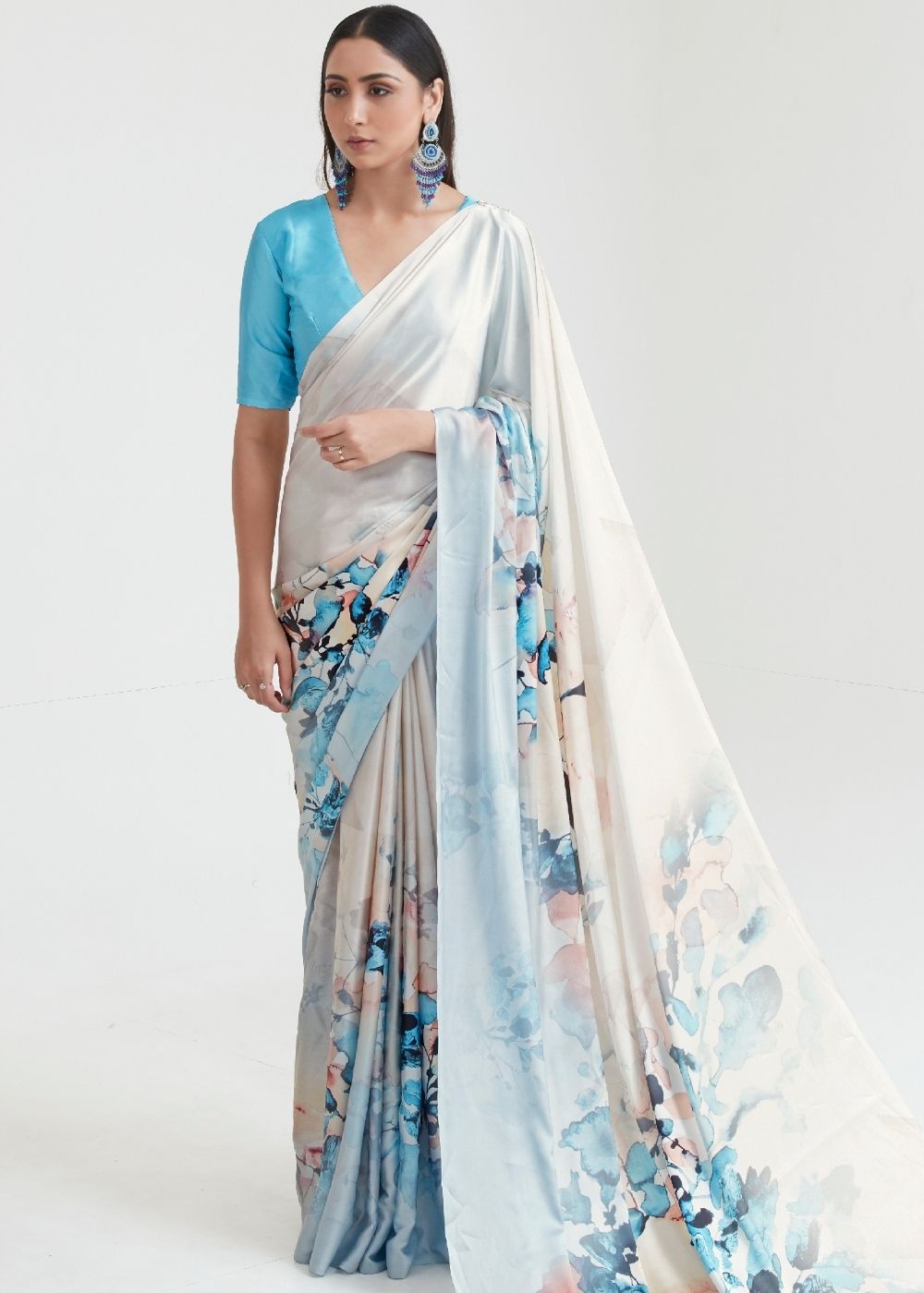 Pearl White & Blue Satin Silk Digital Printed Saree Clothsvilla Main image