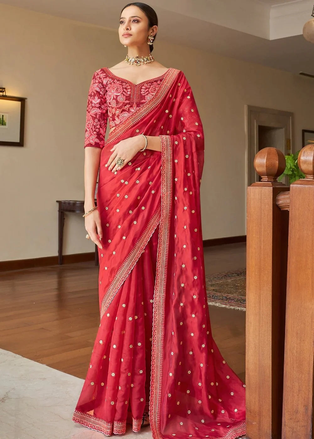NEON PINK ORGANZA SAREE WITH DORI, SEQUINS, ZARI & RESHAM WORK Clothsvilla