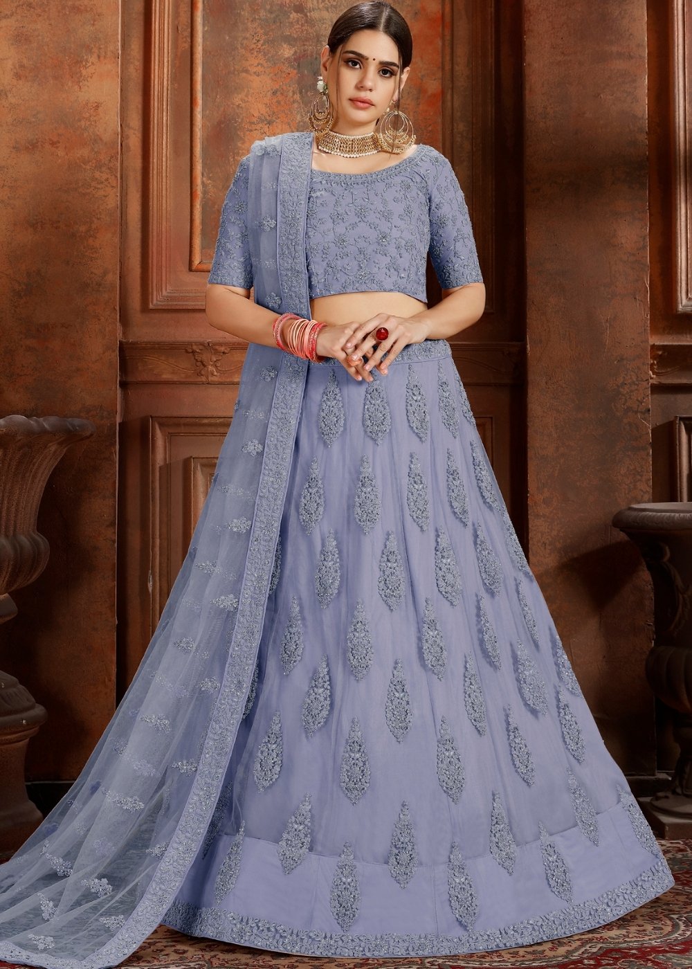 Steel Blue Soft Net Lehenga Choli with Thread, Zarkan & Pearl work Clothsvilla Main image