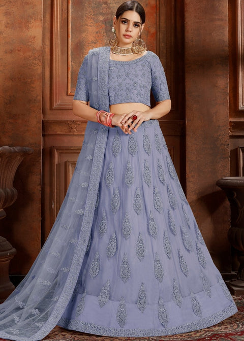 Steel Blue Soft Net Lehenga Choli with Thread, Zarkan & Pearl work Clothsvilla Main image