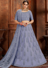 Load image into Gallery viewer, Steel Blue Soft Net Lehenga Choli with Thread, Zarkan &amp; Pearl work Clothsvilla