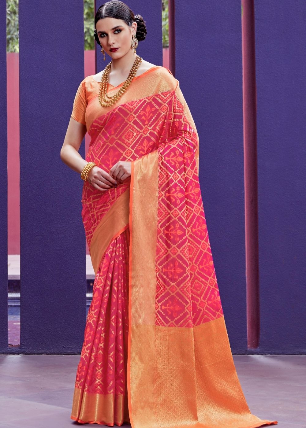 Strawberry Pink Woven Patola Silk Saree Clothsvilla Main image