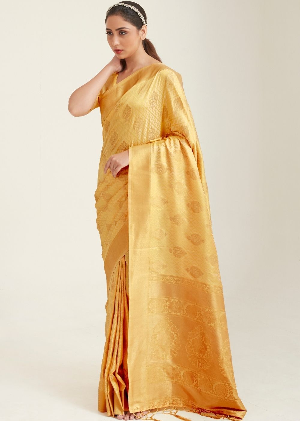 Poppy Golden Zari Butta Woven Banasari Silk Saree Clothsvilla Main image