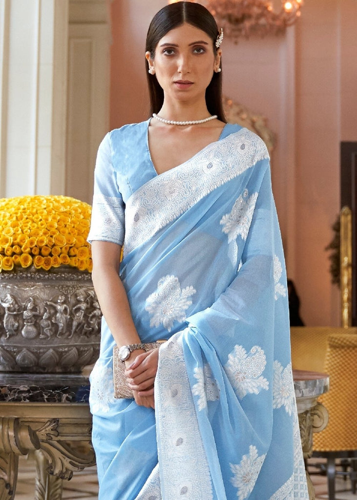 Maya Blue Lucknowi  Chikankari Weaving Silk Saree Clothsvilla