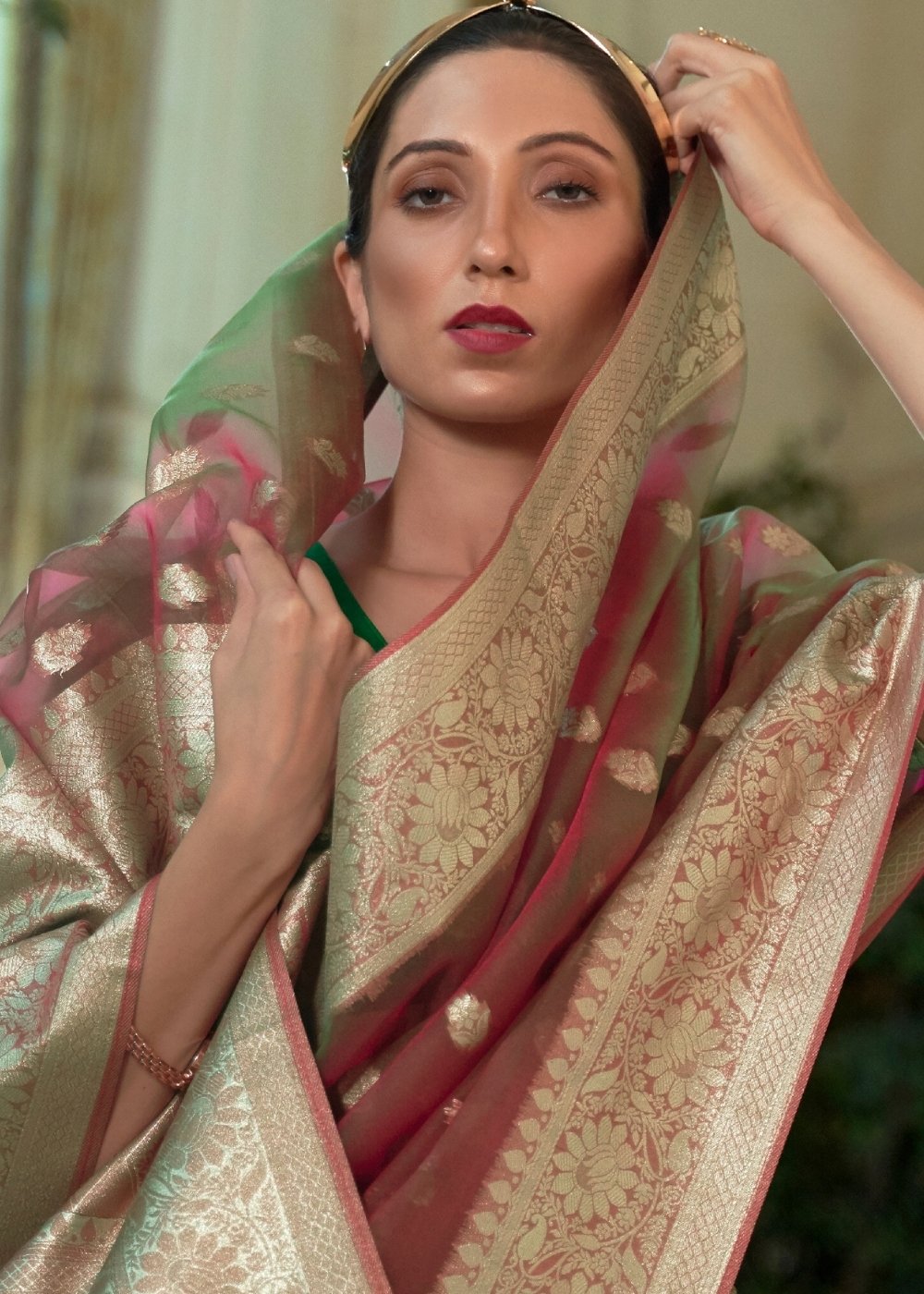 Hibiscus Purple Zari Woven Organza Silk Saree Secondary image