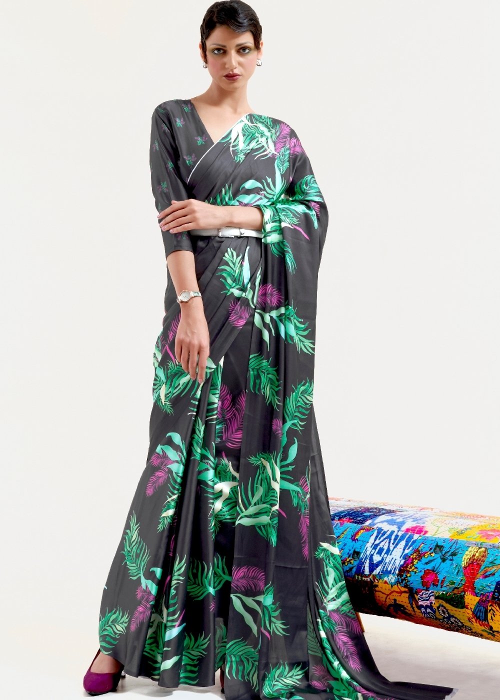 Ebony Black Digital Printed Satin Crepe Saree Clothsvilla Main image