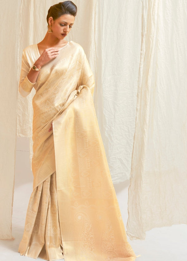 Cream White & Golden Blend Kanjivaram Silk Saree Clothsvilla
