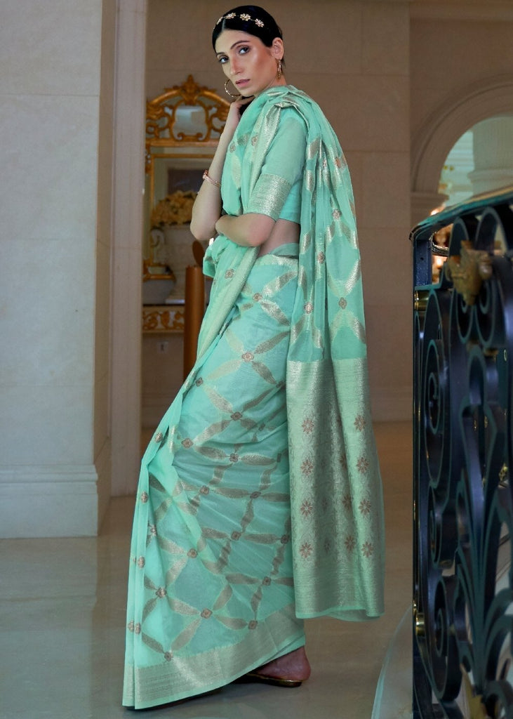 Turquoise Blue Banarasi-Chanderi Fusion Woven Silk Saree Clothsvilla