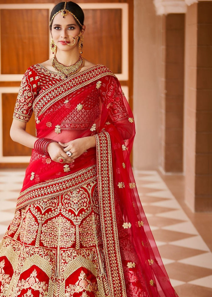 Crimson Red Velvet  Bridal Lehenga Choli with Embroidery & Hand work Clothsvilla